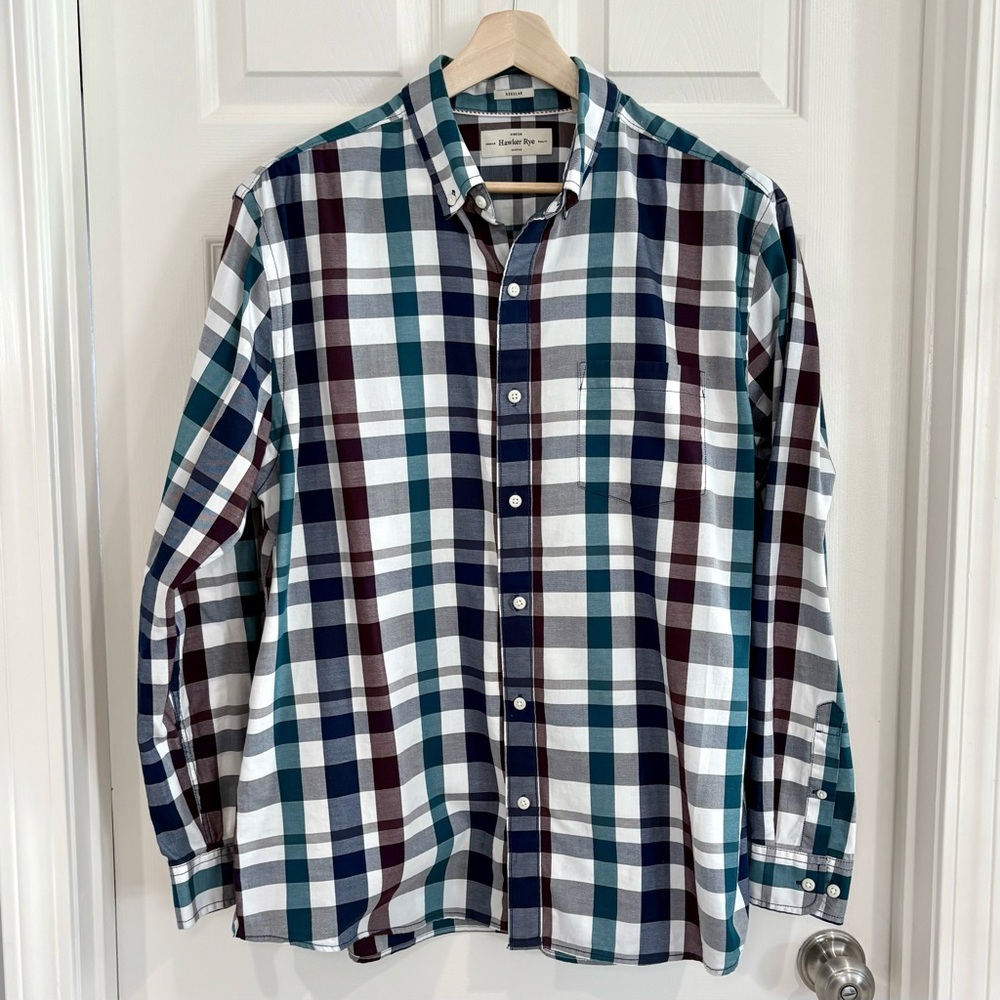 Hawker & Rye White Blue Plaid Button Up Dress Casual Shirt Men XL Regular
